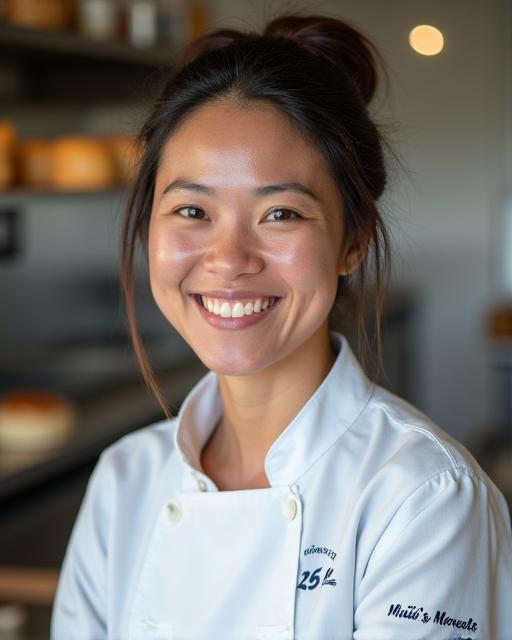The founder and head baker of Māui's Morsels, smiling in a professional kitchen environment.