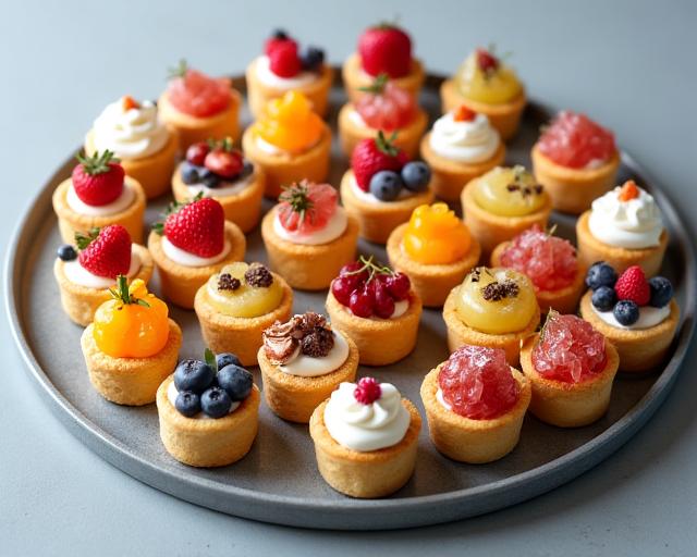 A large platter of assorted mini-pastries for a corporate event.
