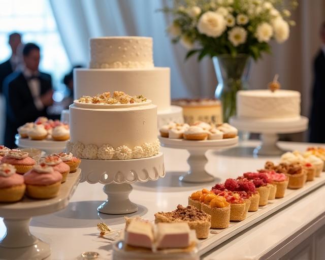 An elegant dessert table at a wedding with a variety of cakes and pastries.