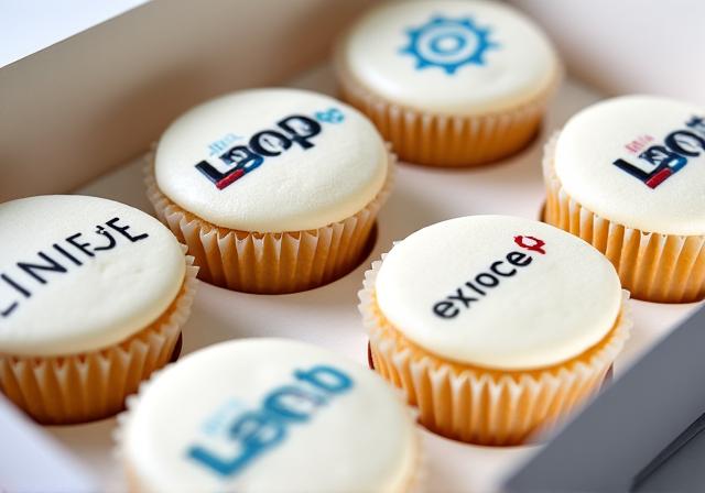 A box of vanilla cupcakes with edible corporate logos printed on top.