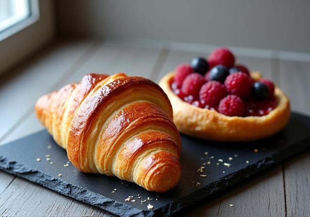 A flaky croissant and a fruit danish on a slate plate.