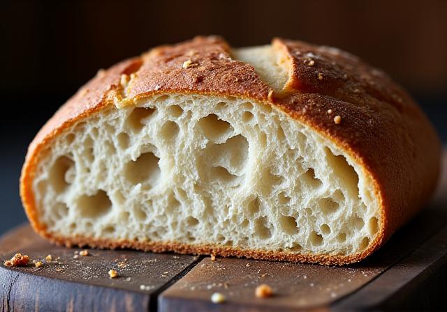A cross-section of an artisan sourdough boule showing the crumb structure.
