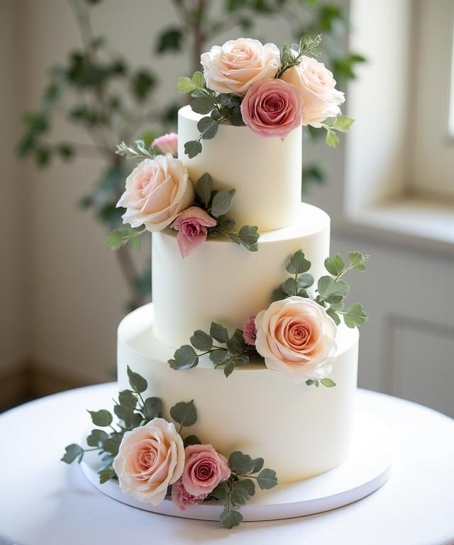 A three-tiered wedding cake decorated with fresh roses and eucalyptus.